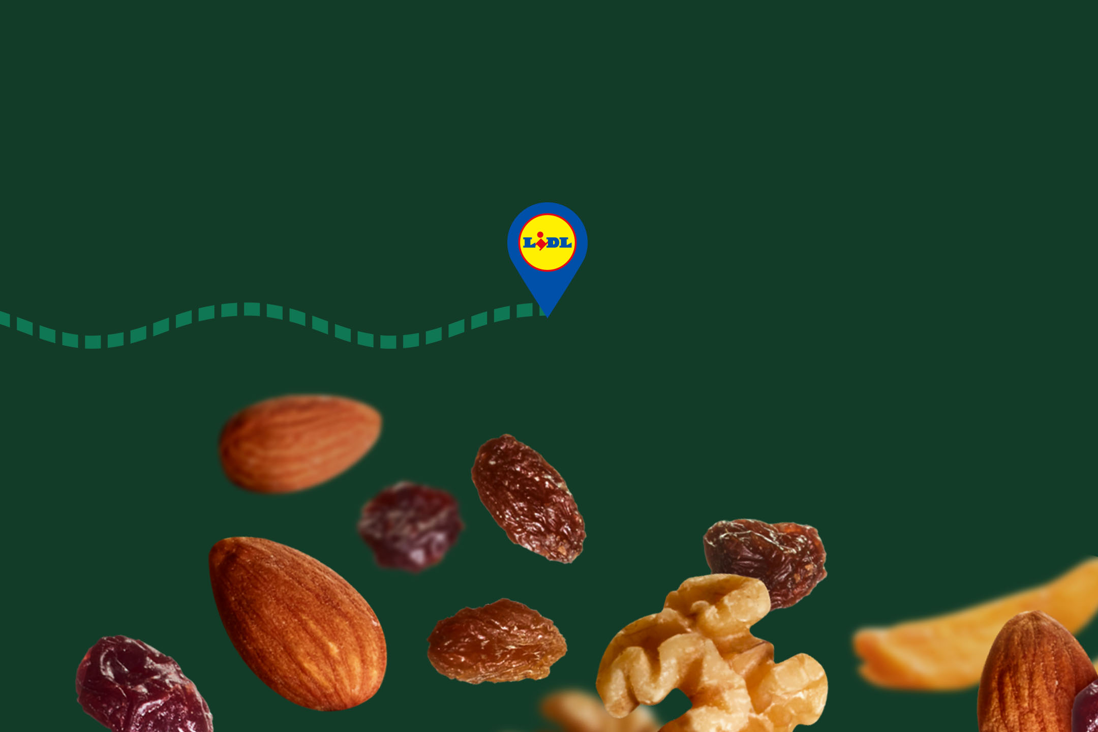 Nuts, raisins, and dried fruits on a dark green background with a location icon and line.