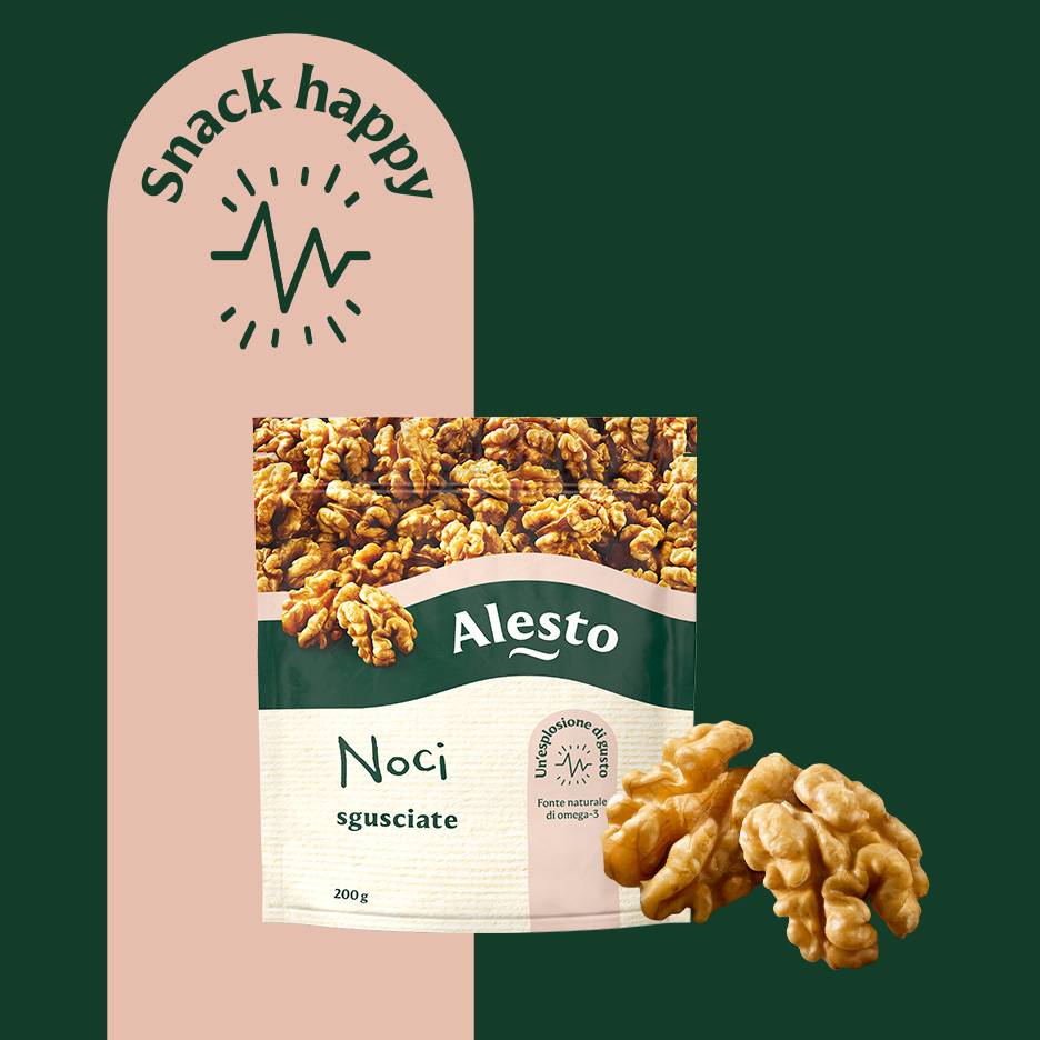 A bag of shelled walnuts with a 'Snack Happy' graphic and loose walnuts.