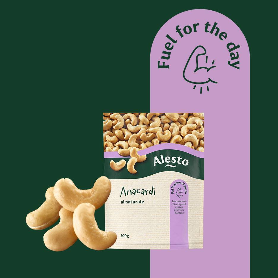 Cashew nuts in a package and loose, with a purple arch graphic saying 'Fuel for the day'.