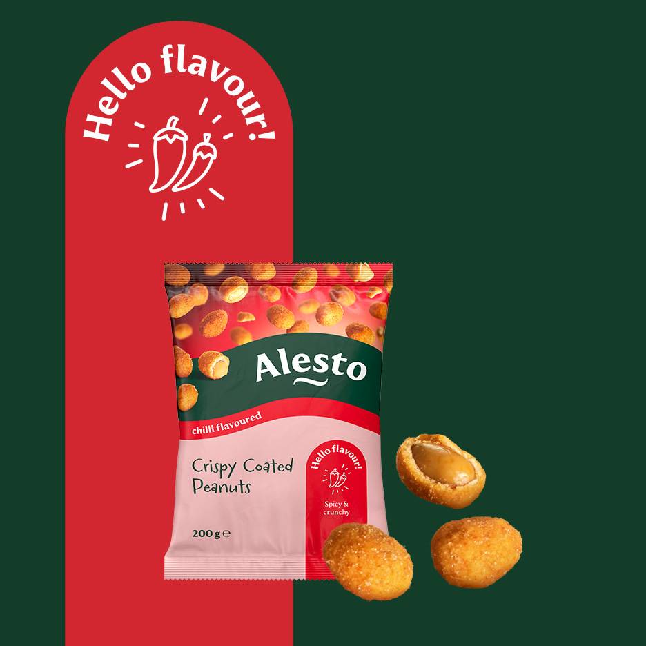 A bag of chilli-flavoured crispy coated peanuts with loose peanuts, on a red and green background.