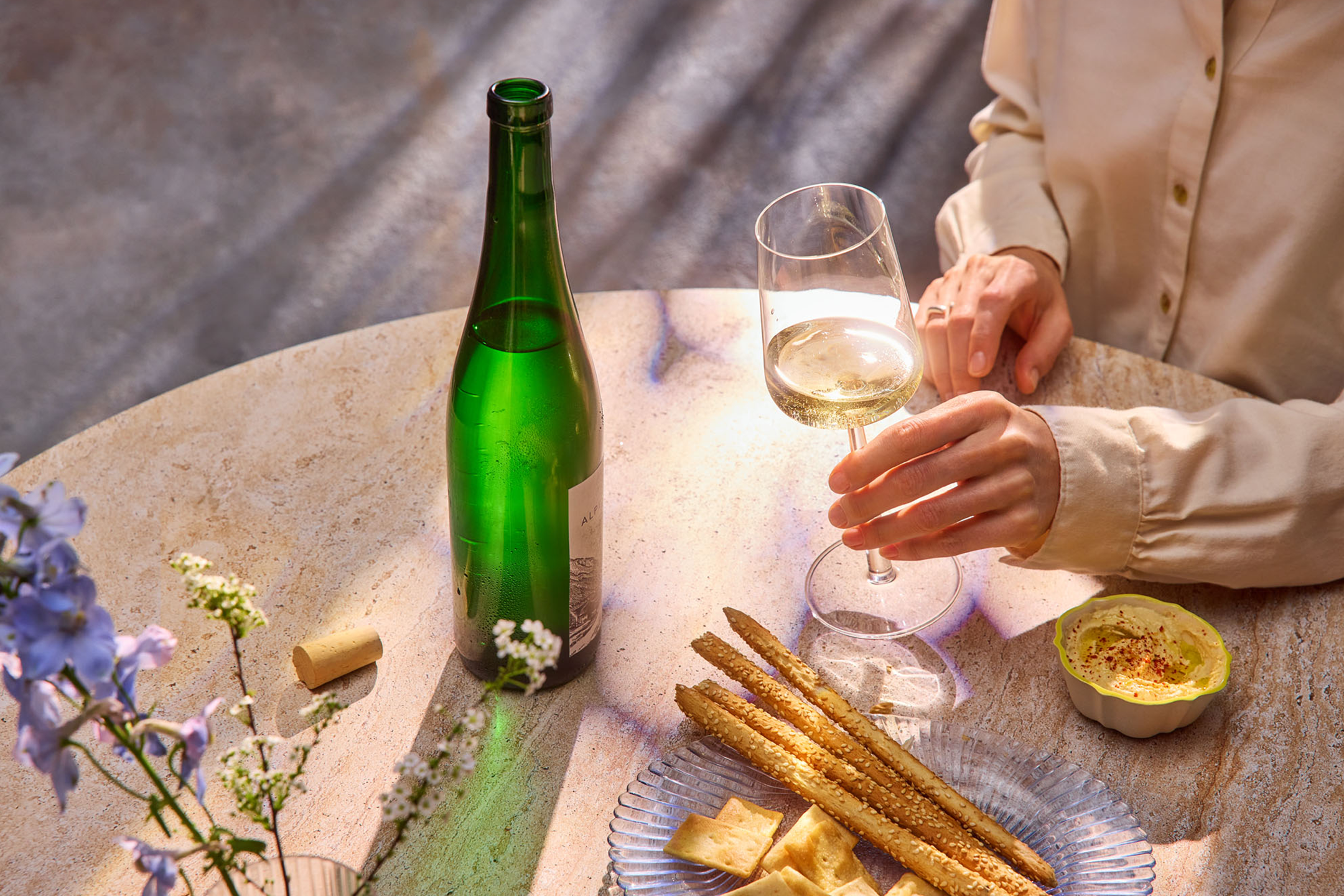 White wine, grissini breadsticks, and hummus.
