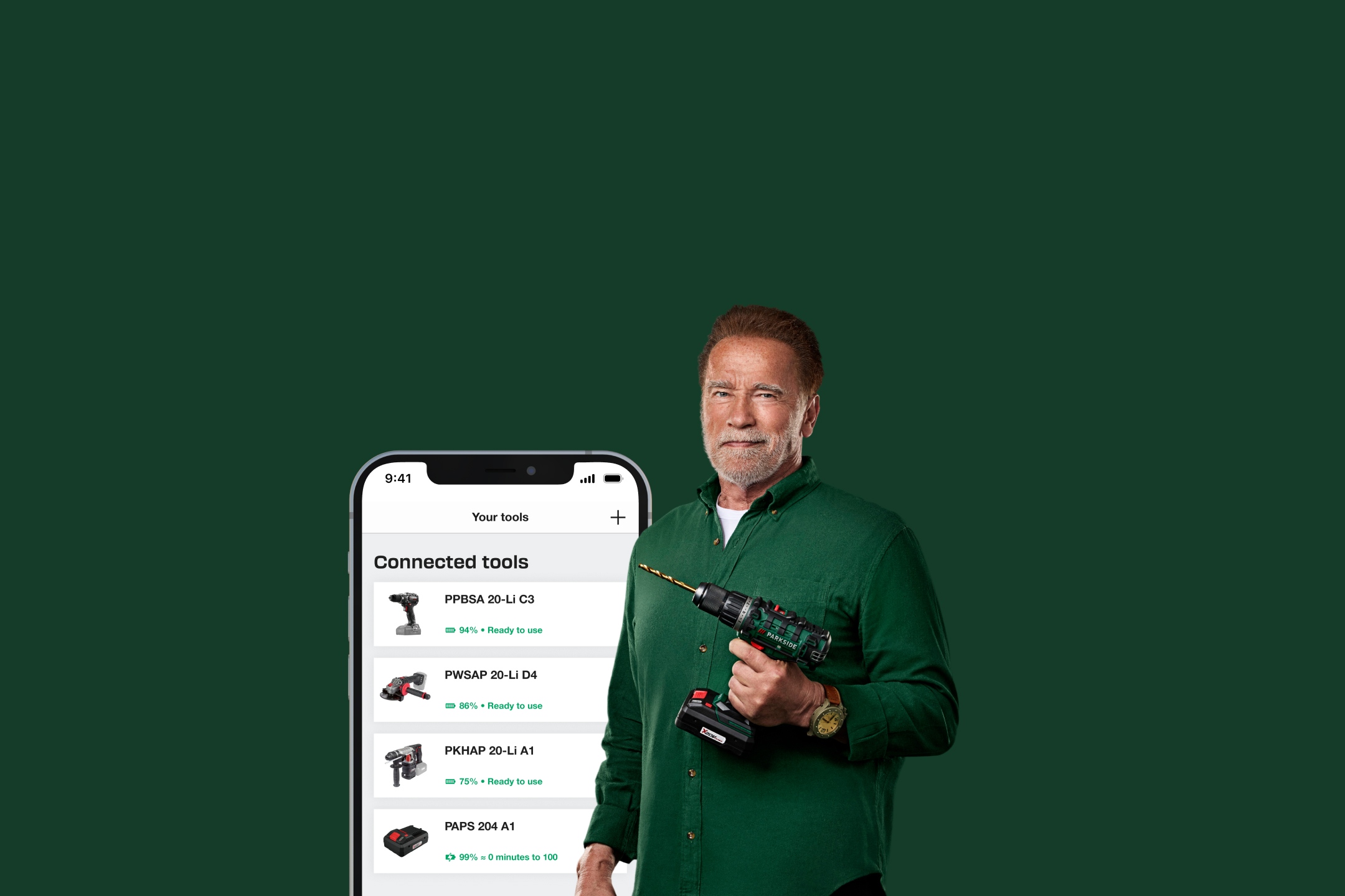 Arnold Schwarzenegger holding a Parkside drill, next to a smartphone displaying a list of connected tools.