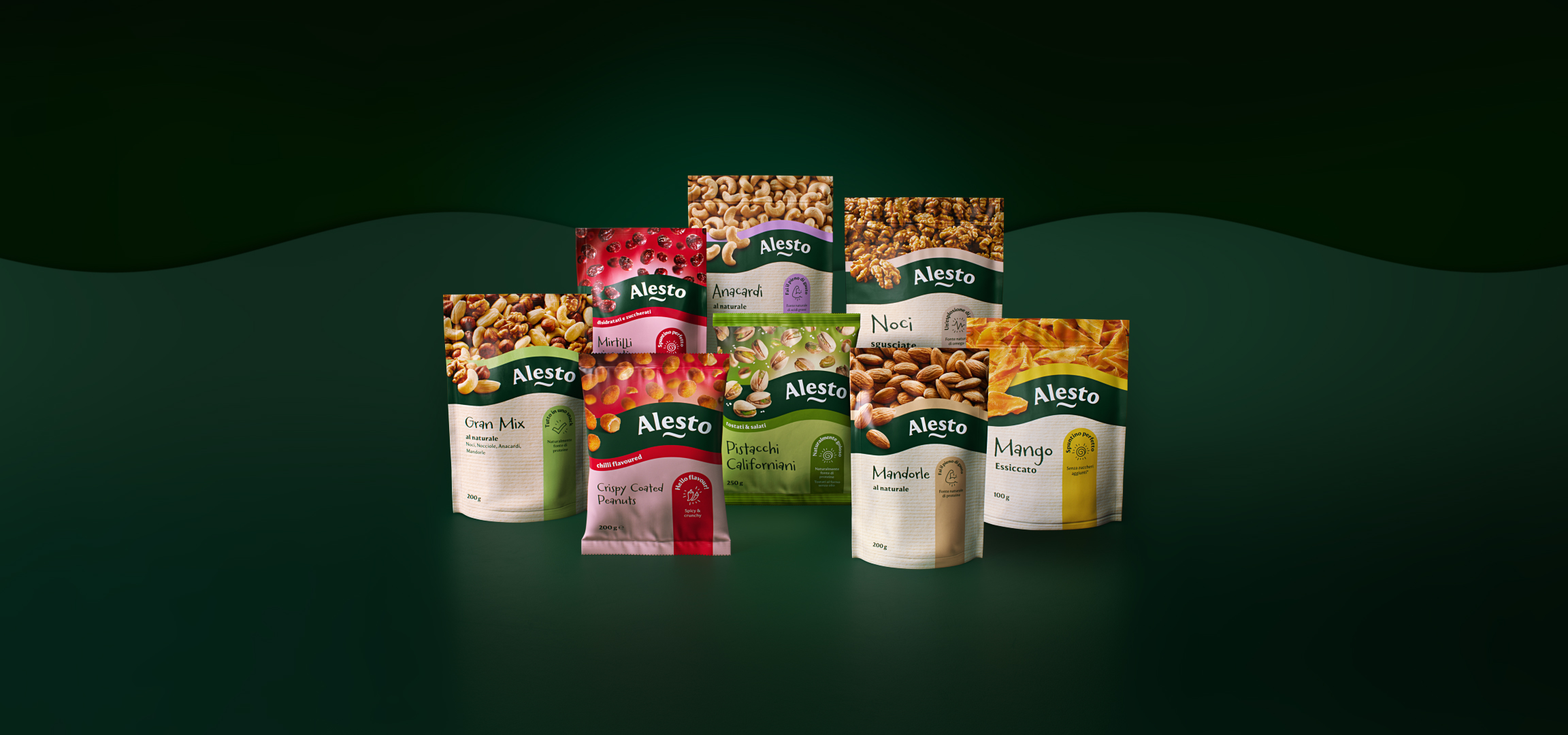 Assortment of nuts and dried fruits including mixed nuts, cashews, walnuts, almonds, pistachios, cranberries, mango, and chili-coated peanuts.