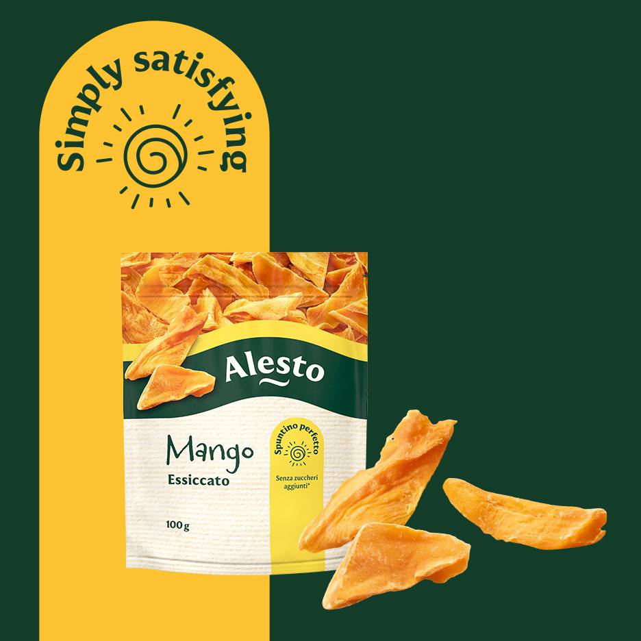 Dried mango snack with a 'Simply satisfying' sun logo on a green background.