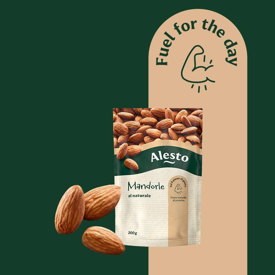 Almonds in a bag with text 'Fuel for the day' and a flexing arm icon.
