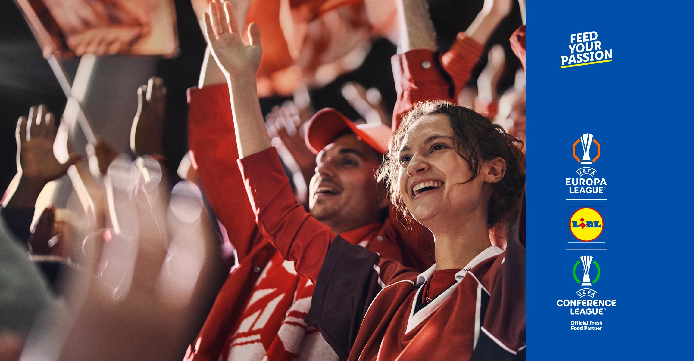Football fans in the stands, with 'Feed Your Passion' text and sports logos in the background.