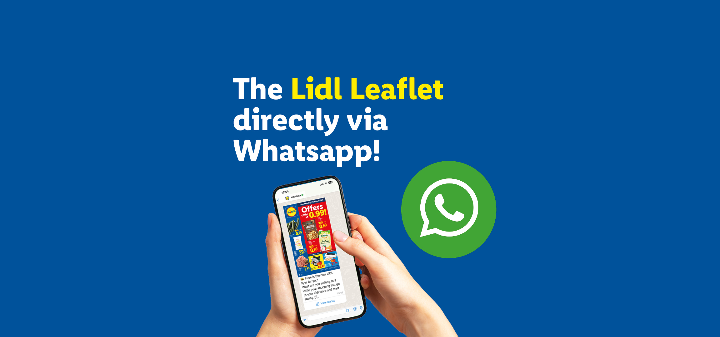 A person holding a smartphone displaying a Lidl leaflet with offers, next to a WhatsApp logo.