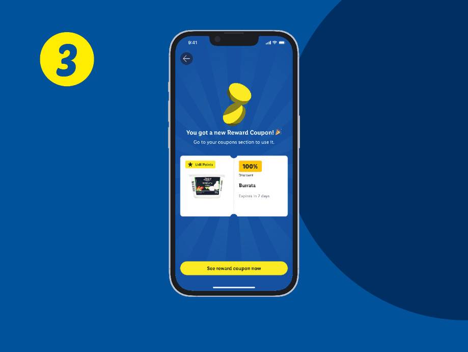 A smartphone screen displays a reward coupon for 100% off burrata, expiring in 7 days, with a yellow number 3 in the corner.