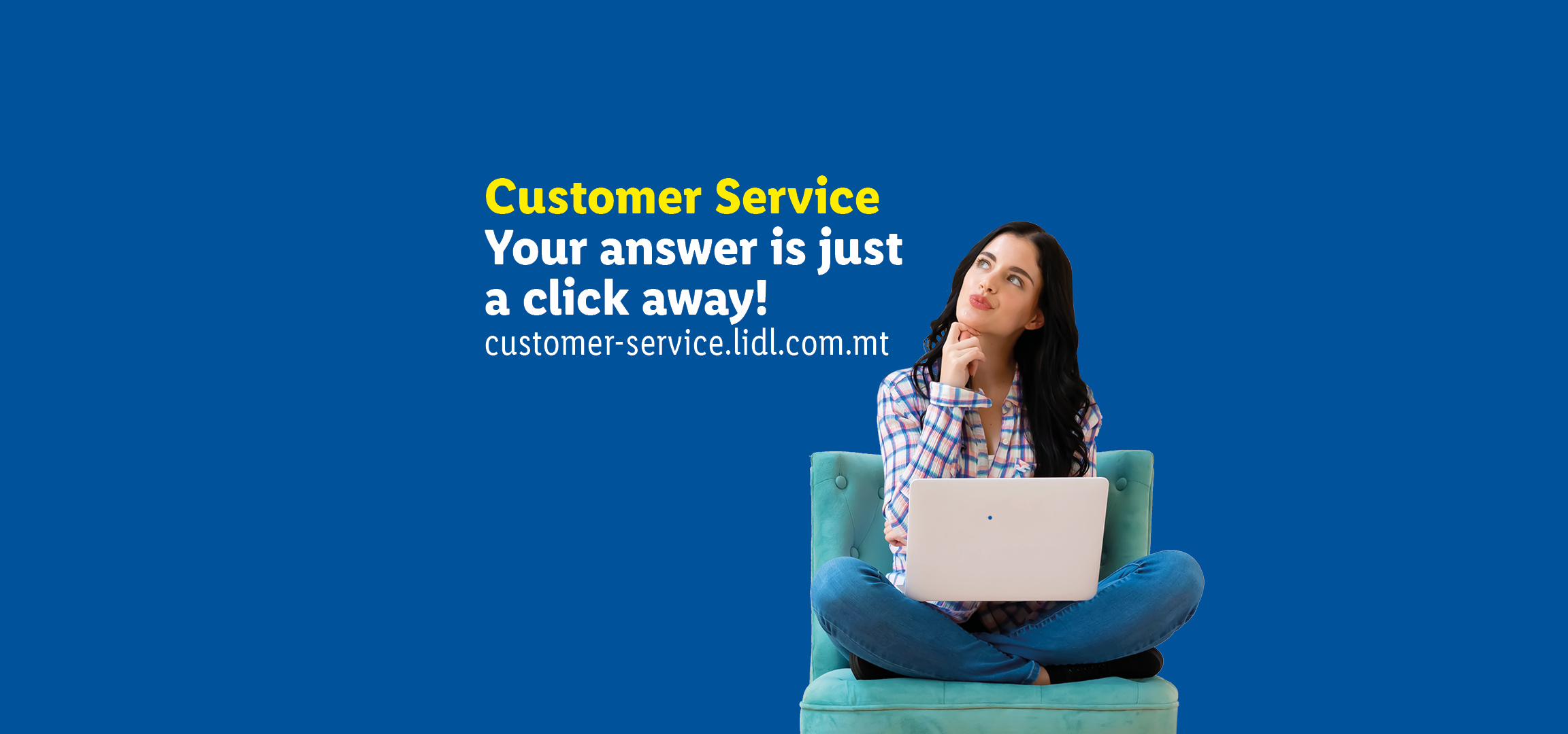 A woman sitting on a chair with a laptop, with text about customer service and a website address.