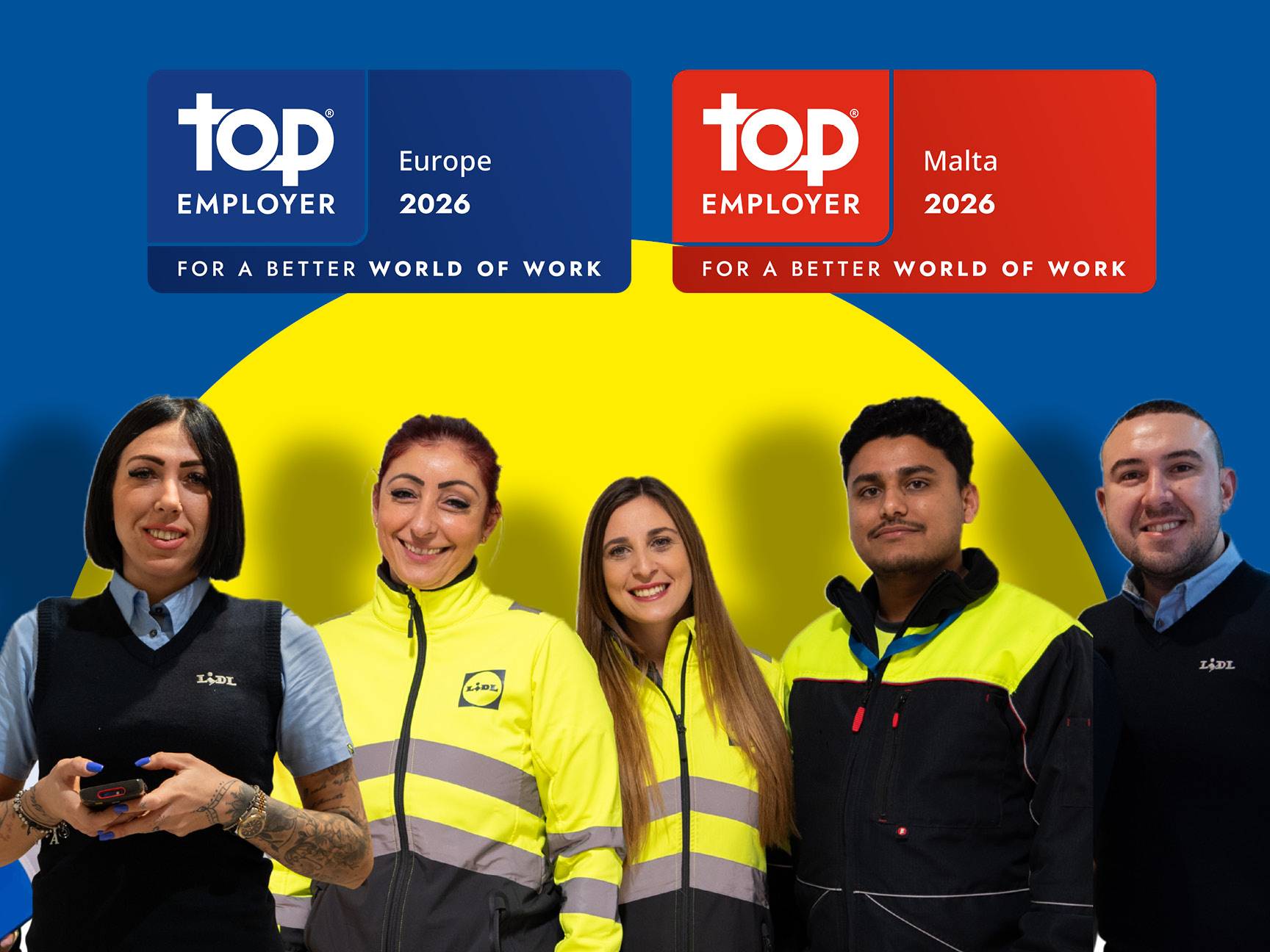 Lidl employees celebrating being a Top Employer in Europe and Malta for 2026.