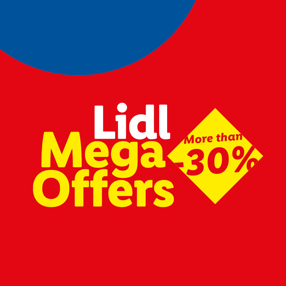 Red and blue banner with 'Lidl Mega Offers' and a yellow diamond indicating 'More than -30%'.
