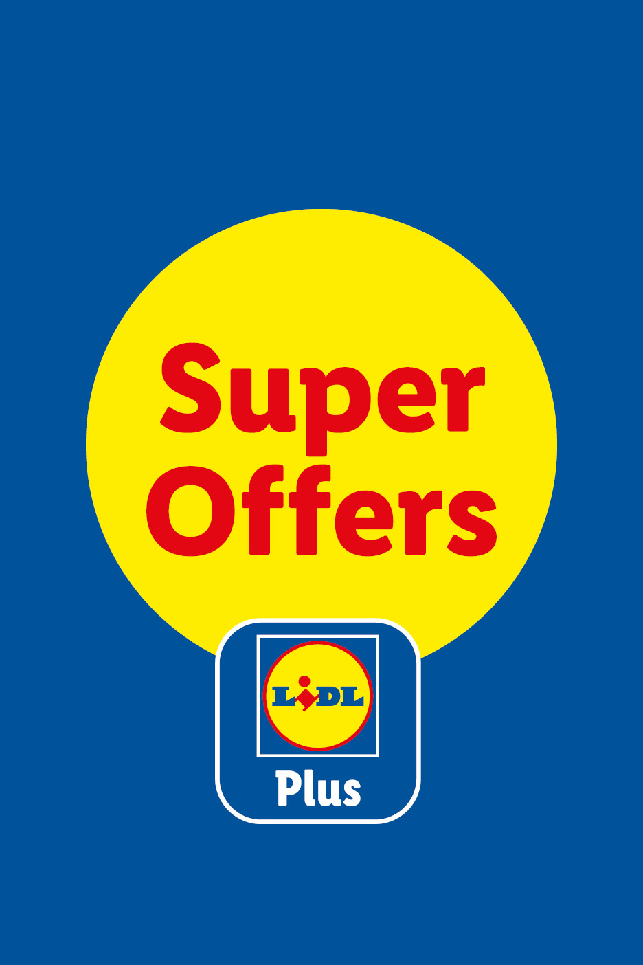Blue background with a yellow circle featuring 'Super Offers' in red, and a 'Plus' logo.