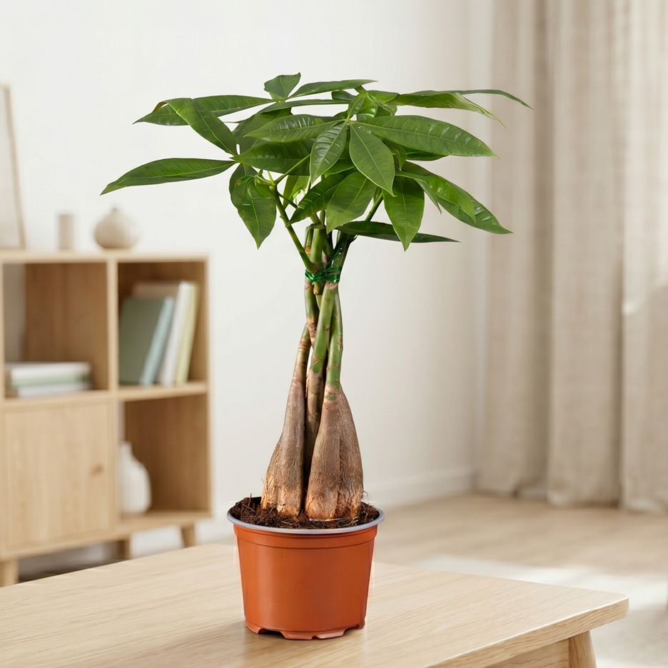 Potted money tree plant with braided trunks on a wooden table in a bright room.