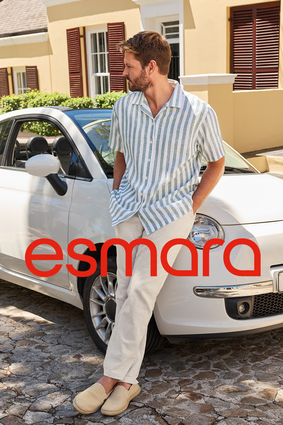 Man in striped shirt and beige trousers leaning on a white car, with 'esmara' text.