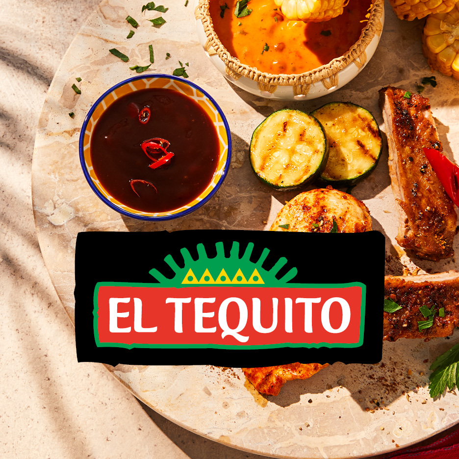 Grilled ribs, zucchini, and corn with sauces, featuring a logo with the text 'EL TEQUITO'.