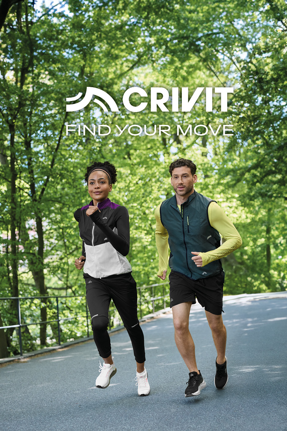 Two people running outdoors, wearing athletic jackets, vests, and pants. Text: FIND YOUR MOVE.