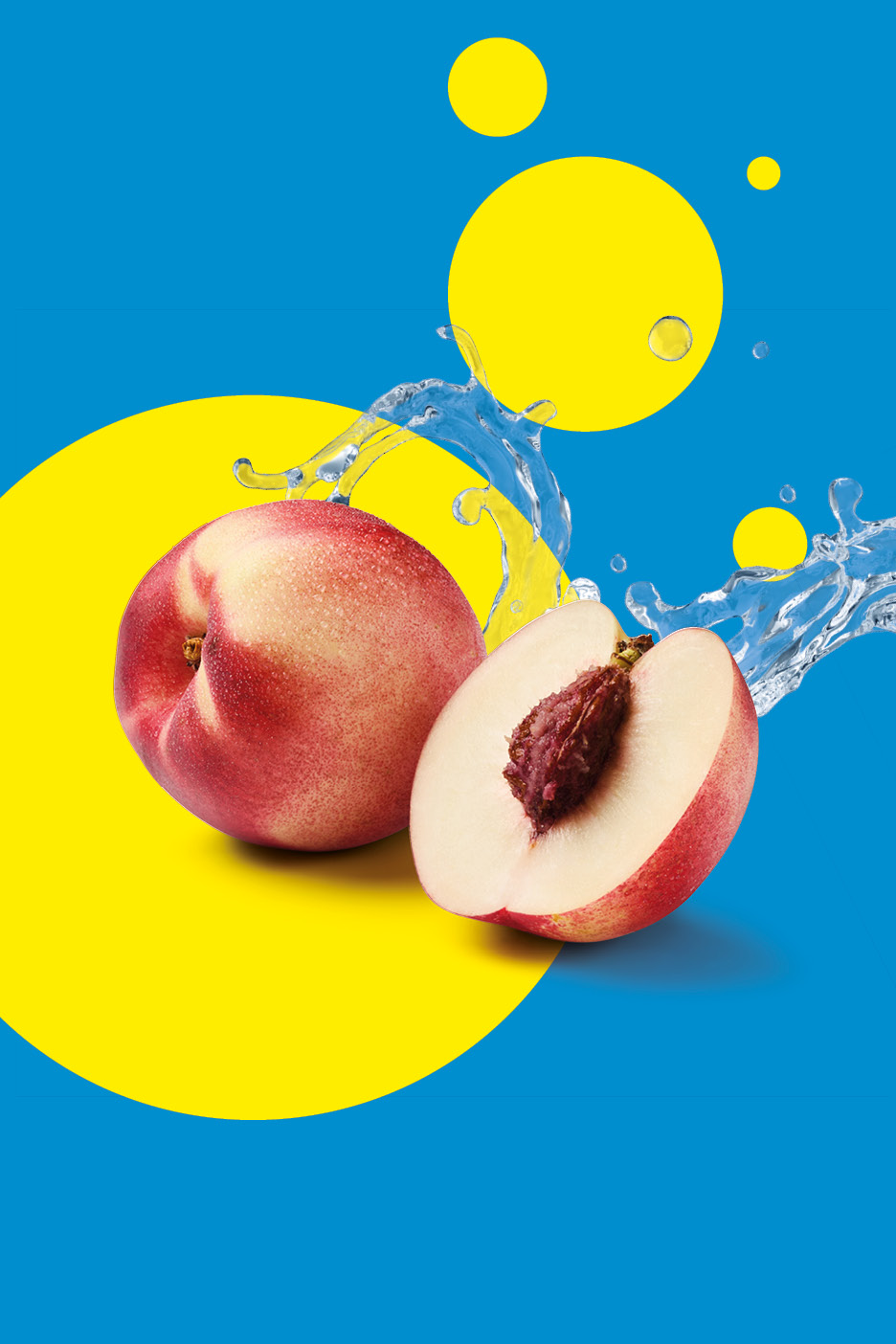 Fresh nectarines with water splashes on a blue and yellow background.