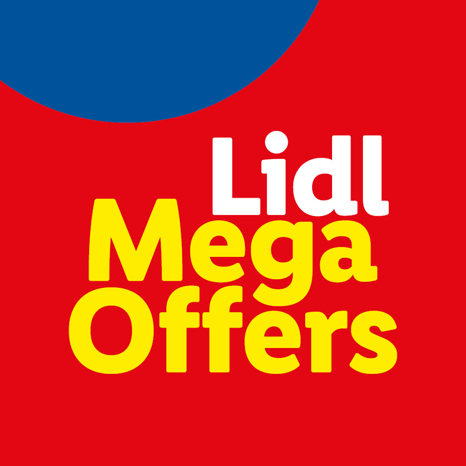 Red background with a blue curve, featuring white text 'Lidl' and yellow text 'Mega Offers'.