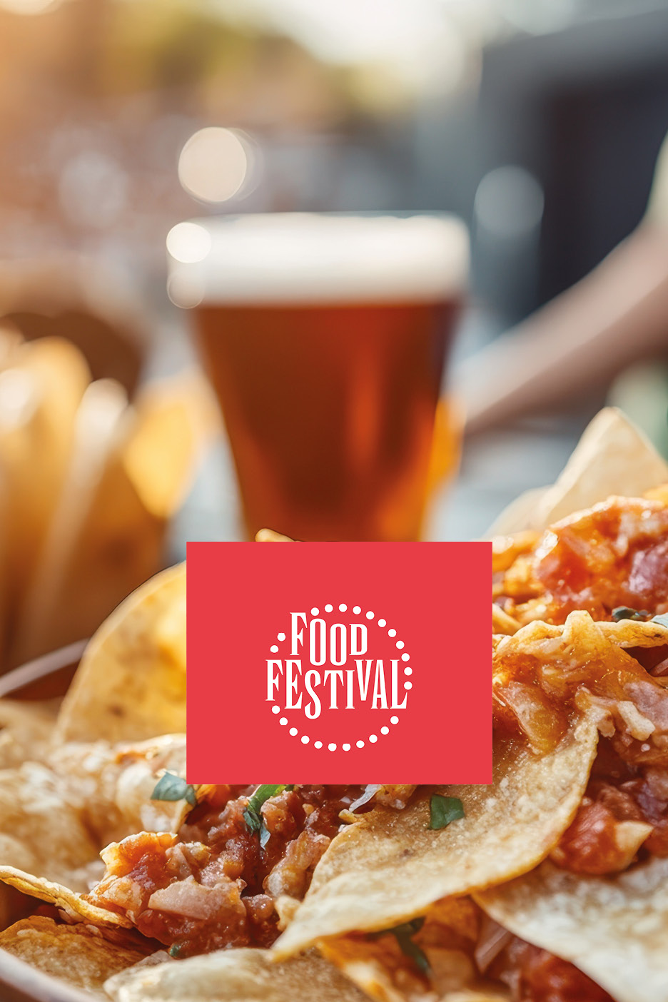 Nachos with salsa and a glass of beer at a food festival.