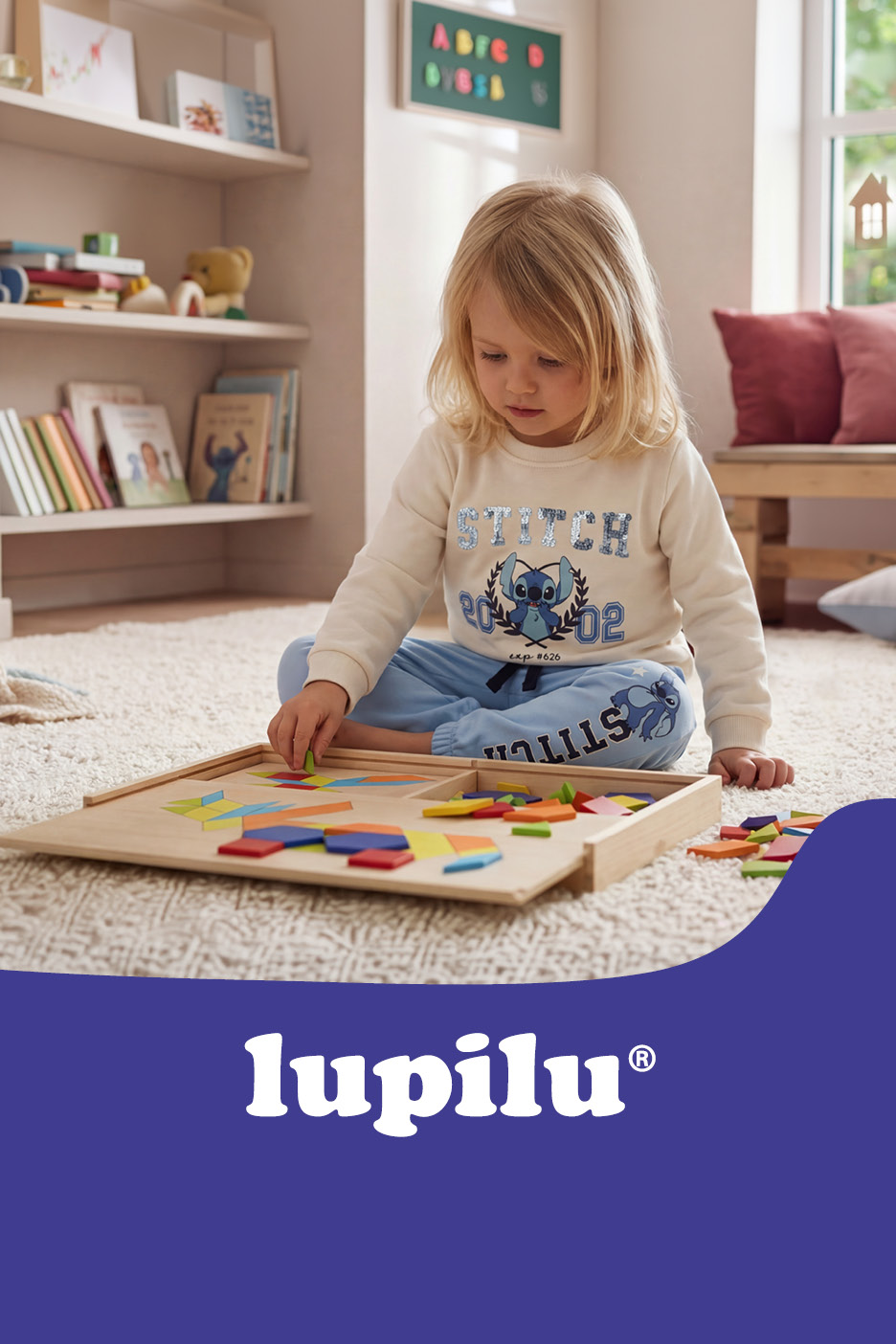 Toddler playing with a wooden puzzle on a rug, wearing a sweatshirt and sweatpants.