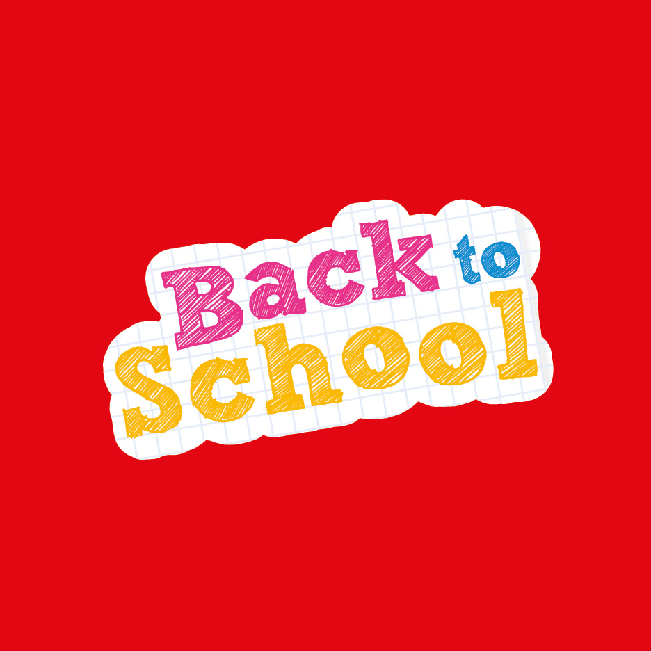 A colorful 'Back to School' sticker on a red background, with a notebook paper texture.