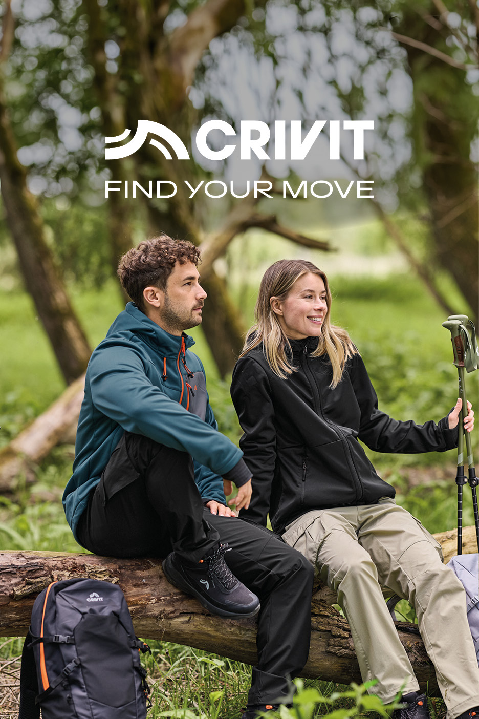 Two hikers in outdoor jackets and trousers sitting on a log, with a backpack and walking poles. Text: FIND YOUR MOVE.