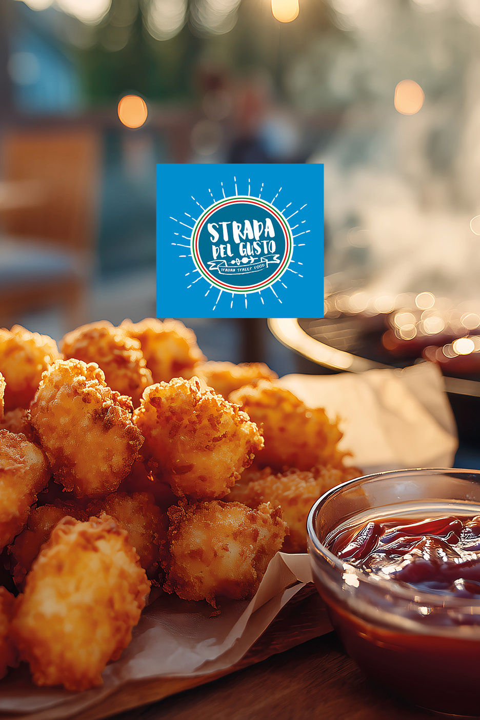Crispy fried snacks with a dipping sauce, and a logo for 'Strada del Gusto Italian Street Food'.