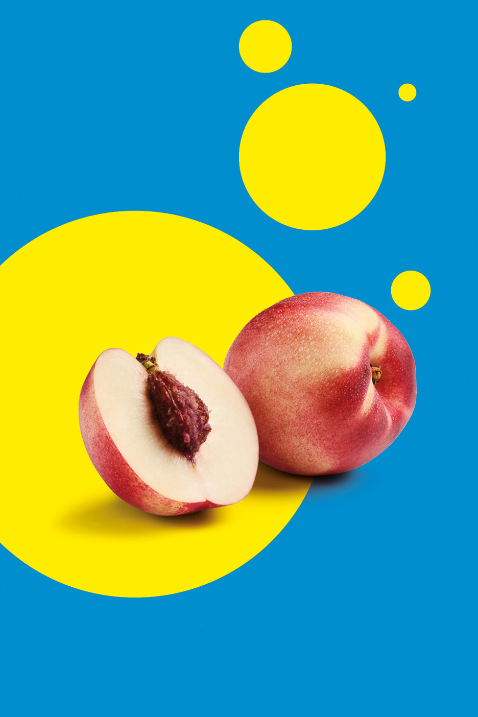Two nectarines, one whole and one halved, on a blue and yellow background with circles.