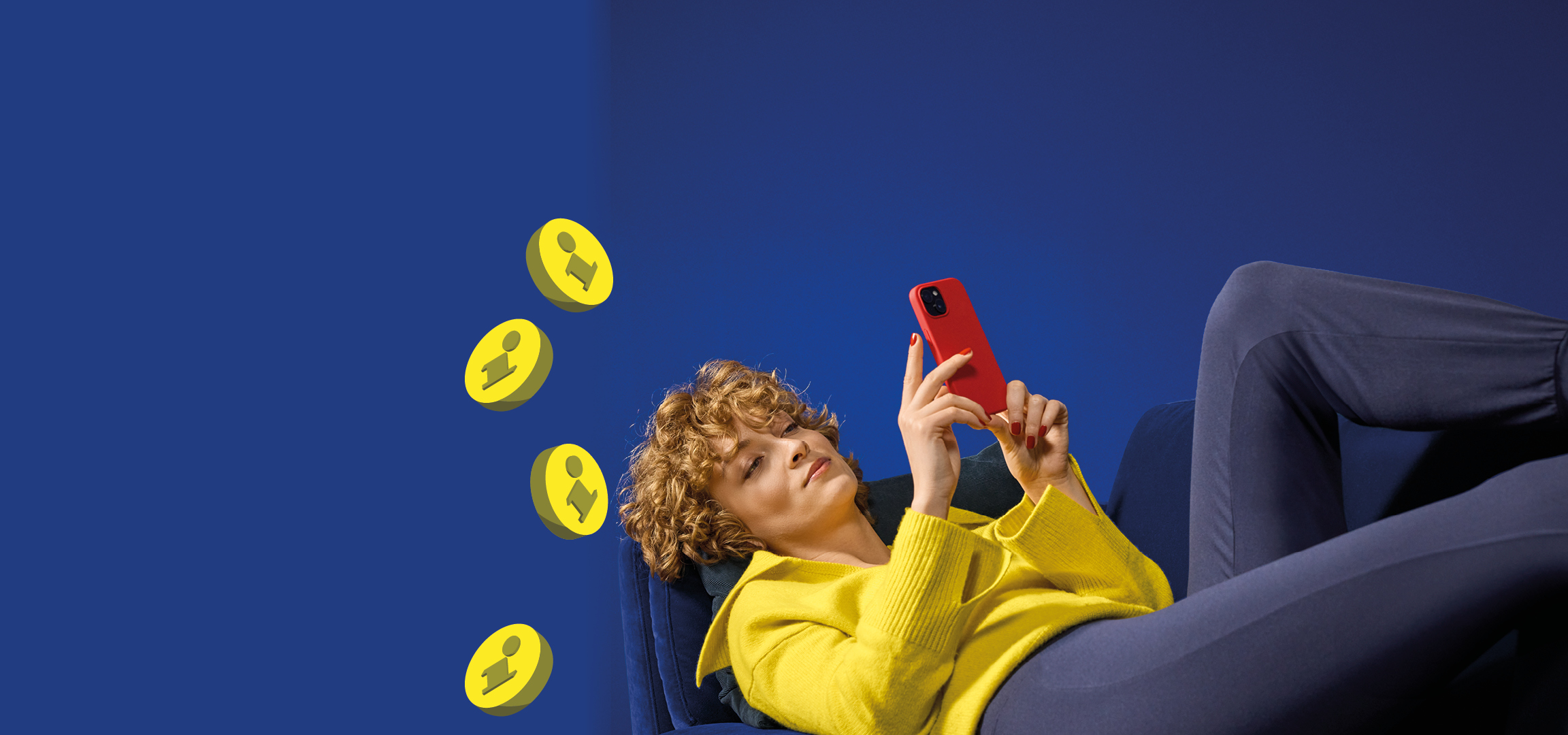 Woman in yellow top and blue pants using a red smartphone, with yellow information icons.