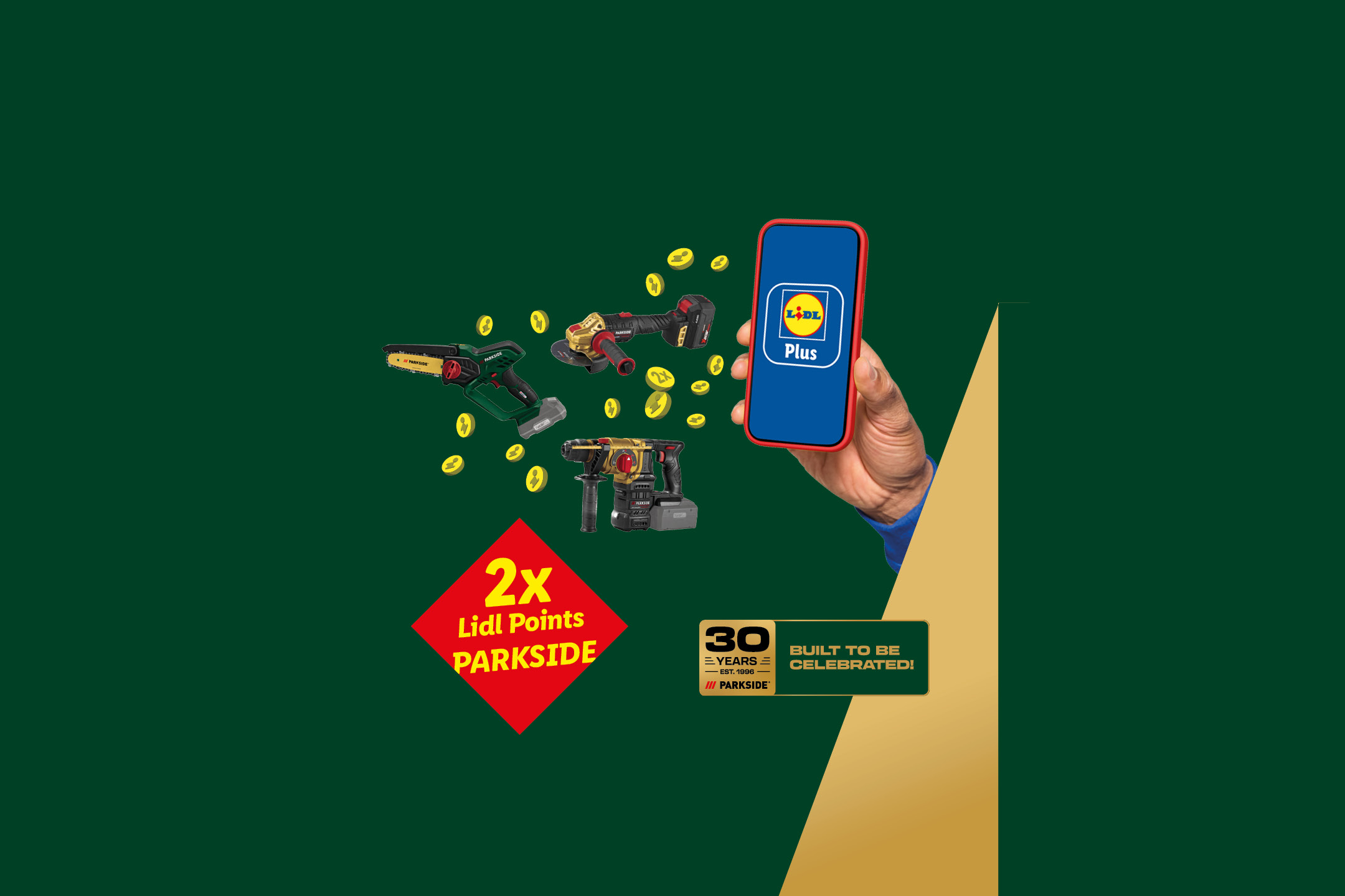 Power tools (chainsaw, angle grinder, hammer drill) with 2x loyalty points, a phone displaying the Lidl Plus app, and a '30 Years' celebration badge.