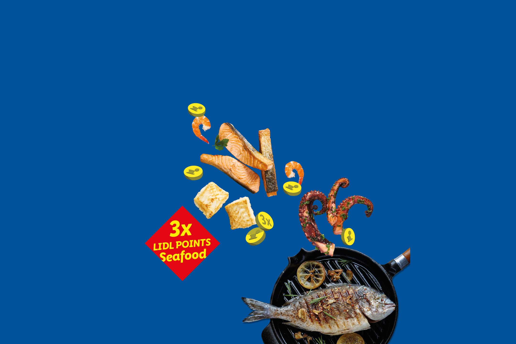 Grilled seafood assortment with salmon, shrimp, octopus, and fish, offering 3x points.