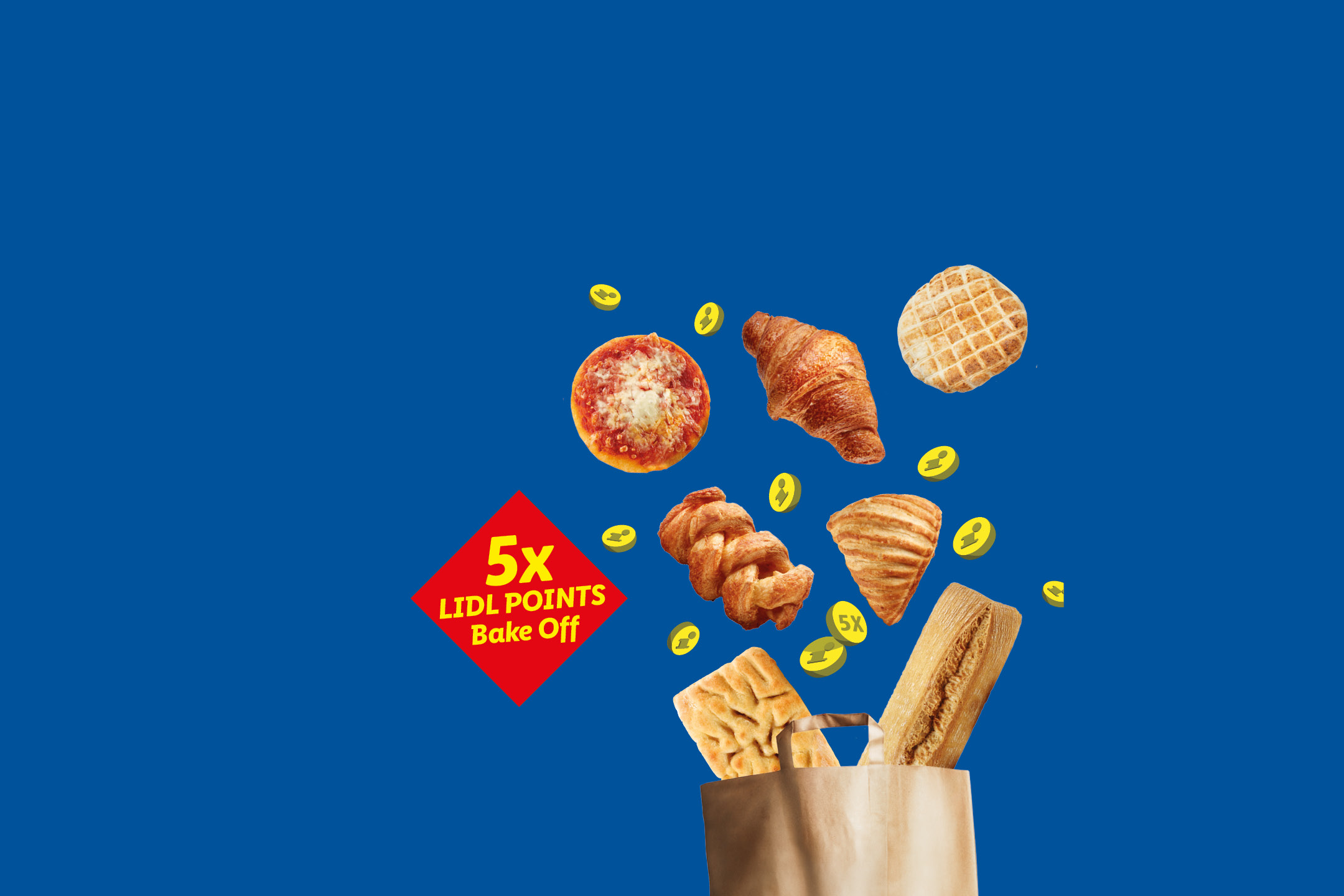 Baked goods like croissants, pizza, and bread with 5x points offer on a blue background.