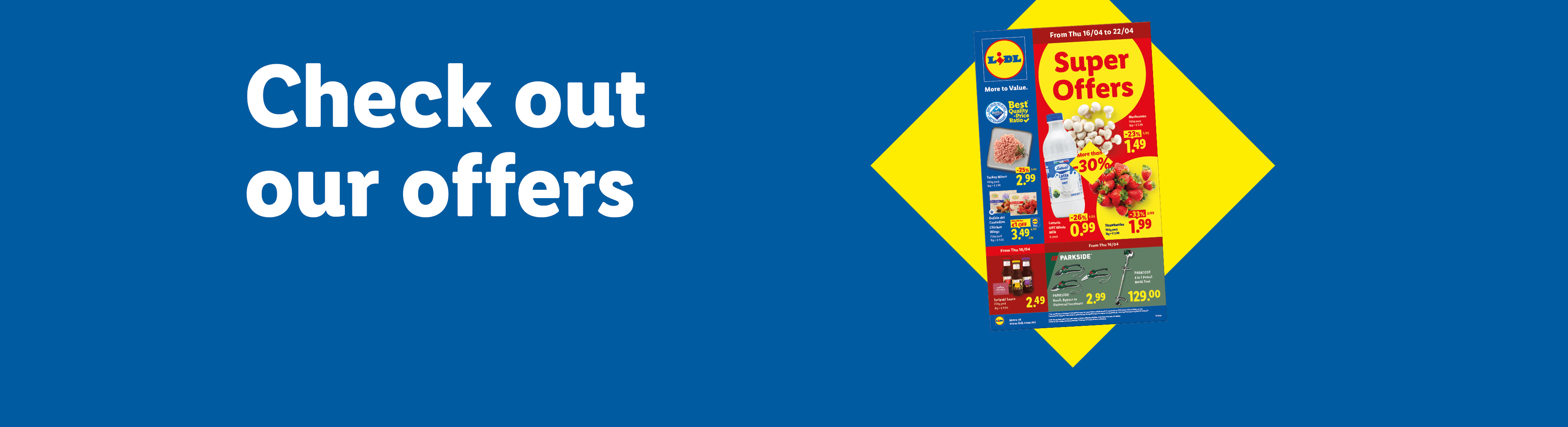 A flyer with super offers on groceries like meat, milk, and strawberries, with text 'Check out our offers'.