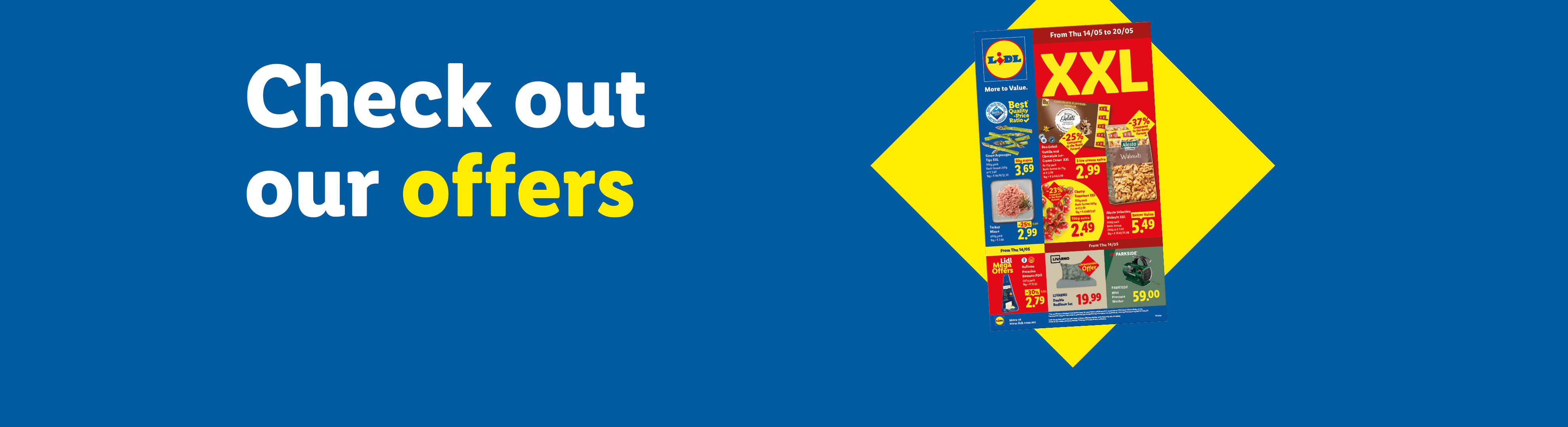 Lidl flyer with 'Check out our offers' text, featuring groceries like asparagus, minced meat, ice cream, walnuts, and cherry tomatoes, along with a bedlinen set and a mini pressure washer.