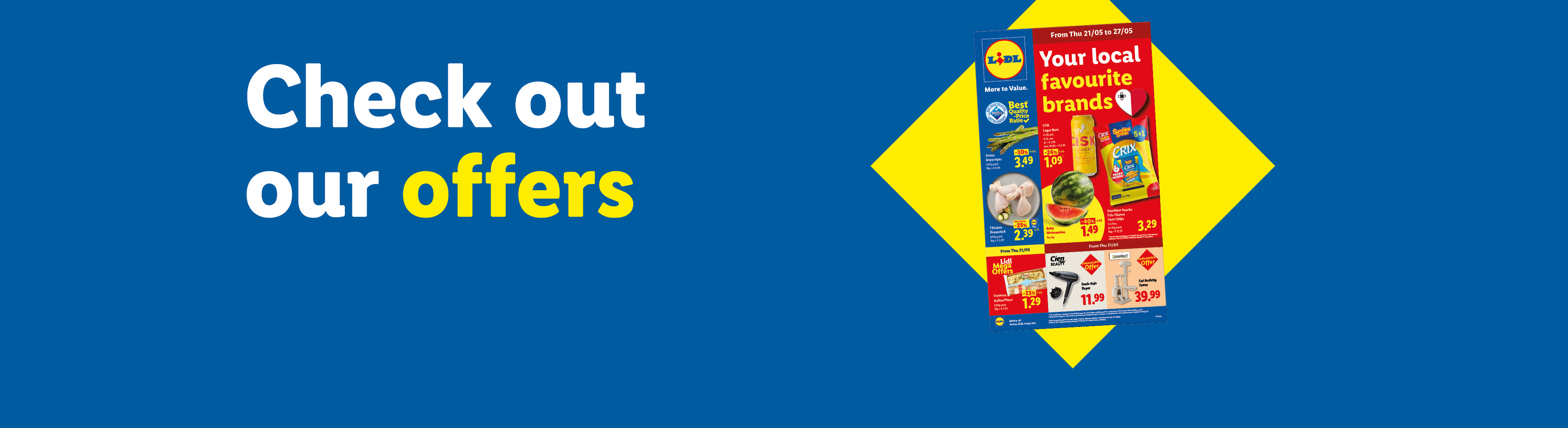 Lidl flyer with offers on fresh produce, snacks, and household items, with text 'Check out our offers'.