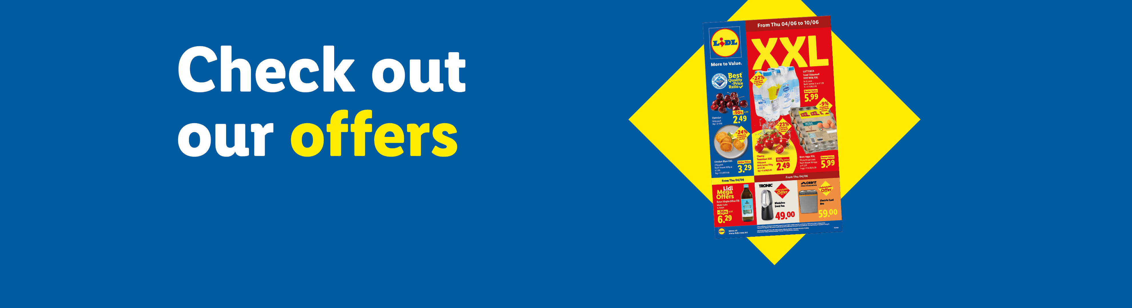 Lidl flyer with XXL offers on cherries, chicken nuggets, milk, eggs, and various household items.