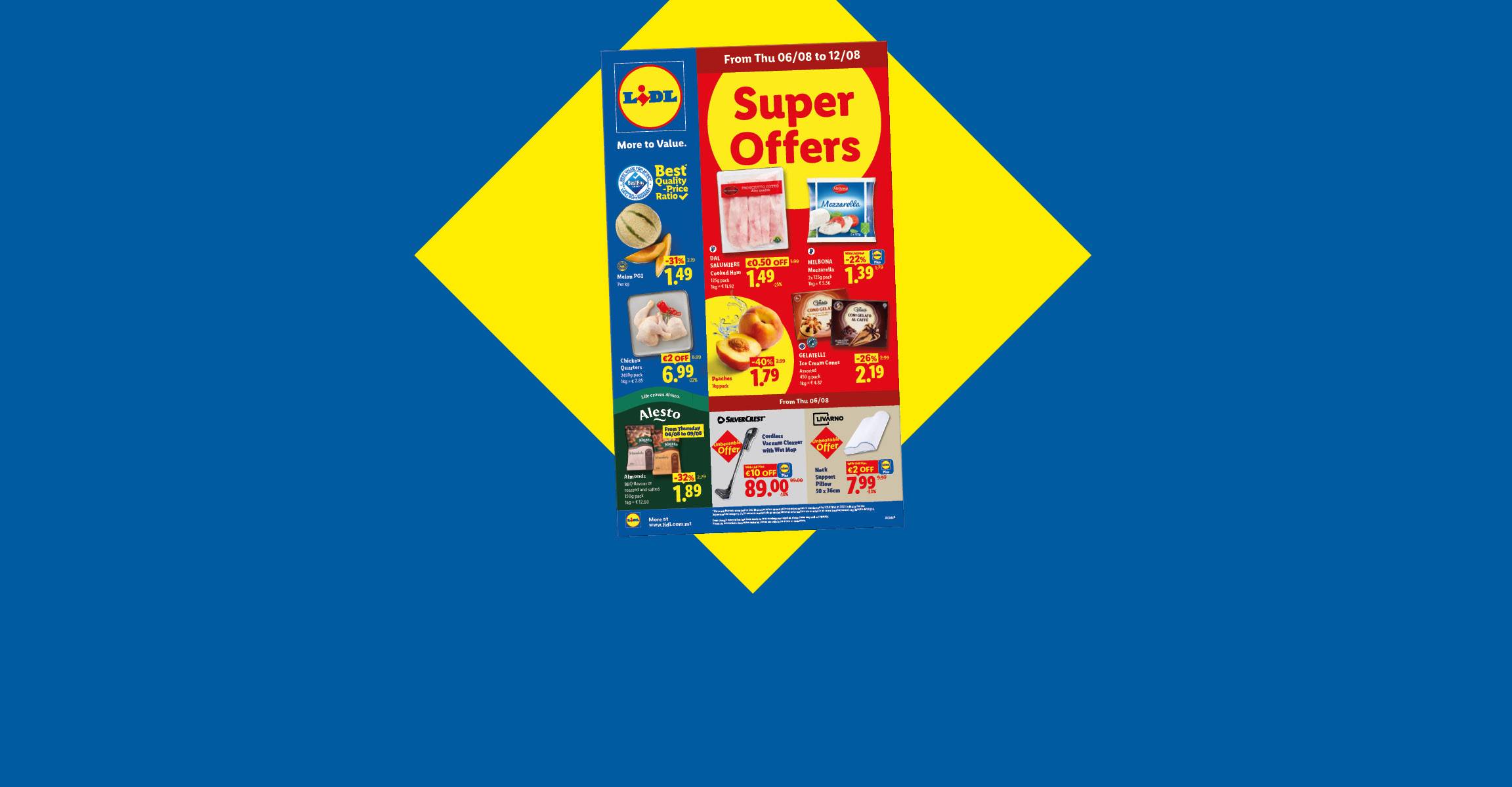 A blue background with 'Check out our offers' in white and yellow text, next to a yellow diamond shape featuring a flyer with various food and household item offers.
